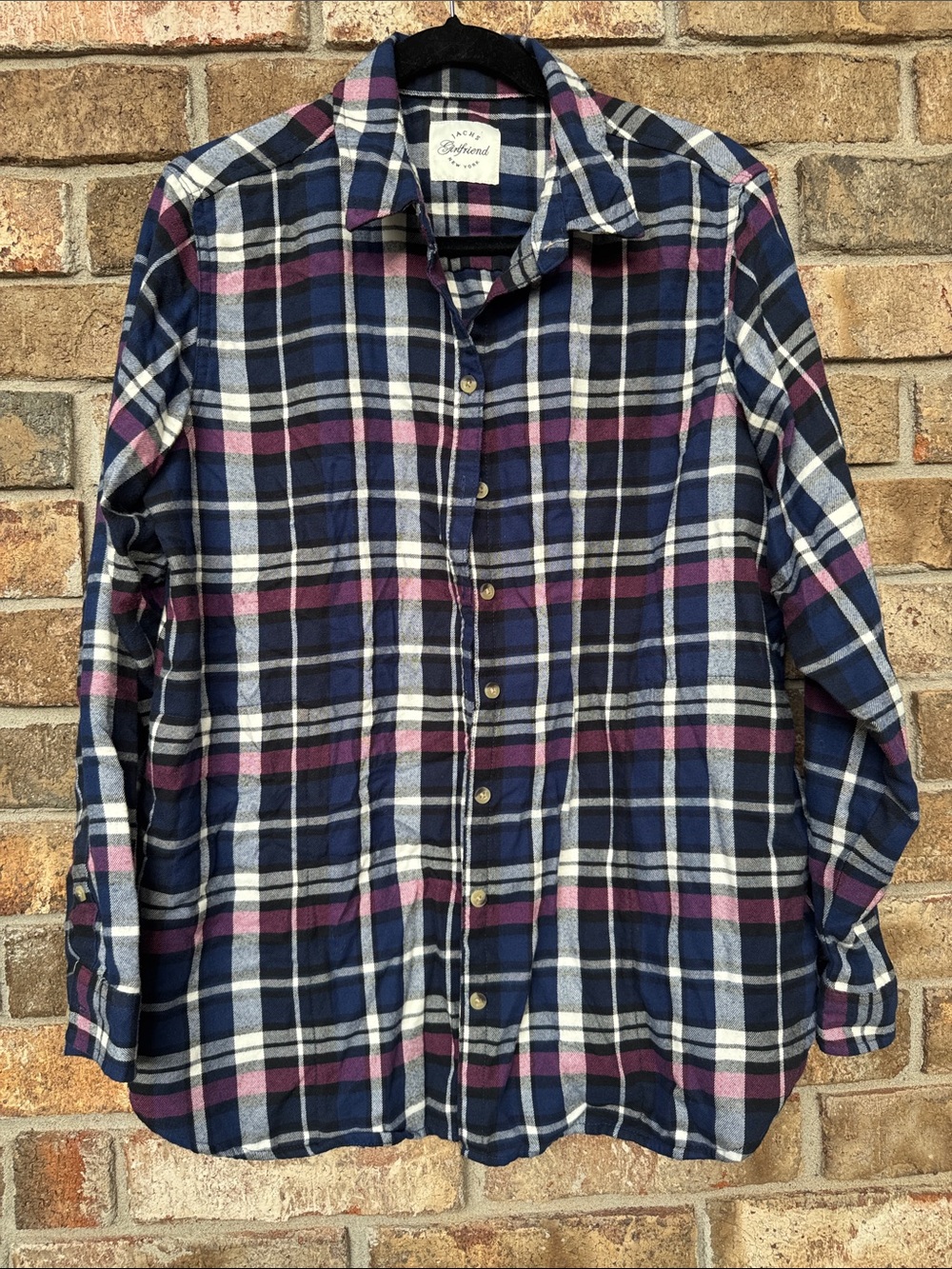 JACHS Girlfriend Navy White & Pink Plaid Button-Down Shirt